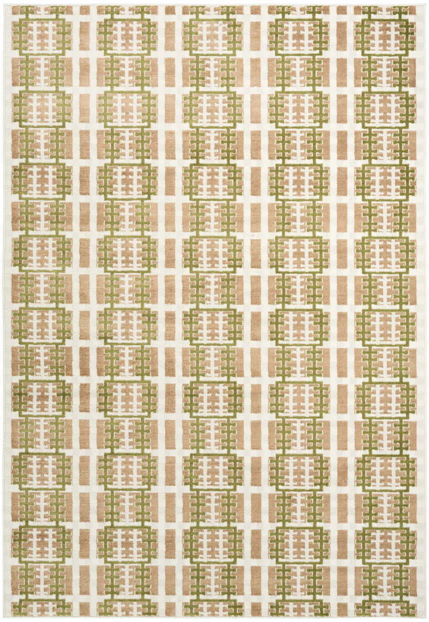 Close-up of Nourison Nordic Multicolor rug. Modern design with green and tan geometric pattern on cream background.
