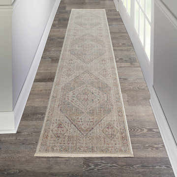 Hallway scene with a Nourison Homestead Beige Grey Vintage runner rug on wood floors.