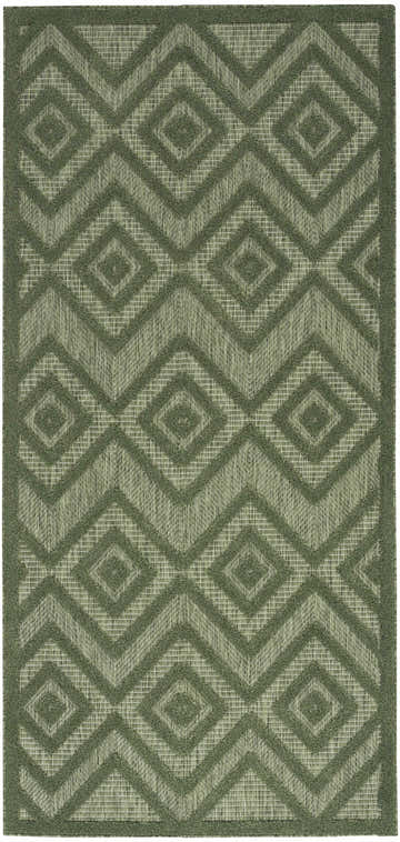 Close-up of the Nourison Versatile Green Modern Area Rug. Features a geometric diamond pattern and woven texture.