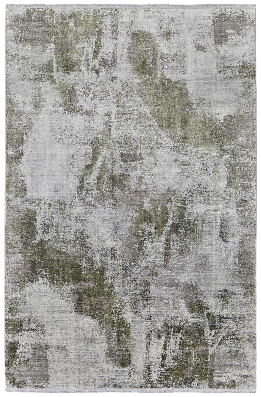 Close-up of the Feizy Cadiz Modern Ikat rug; gray, green, and silver abstract pattern and soft texture. Design-Rectangle