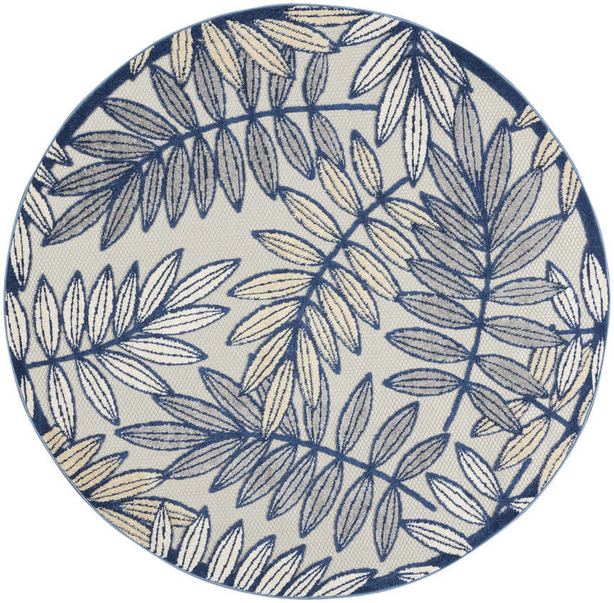 Close-up of a round Nourison Aloha Ivory Navy Tropical Area Rug with a leafy chestnut, navy, and ivory pattern.