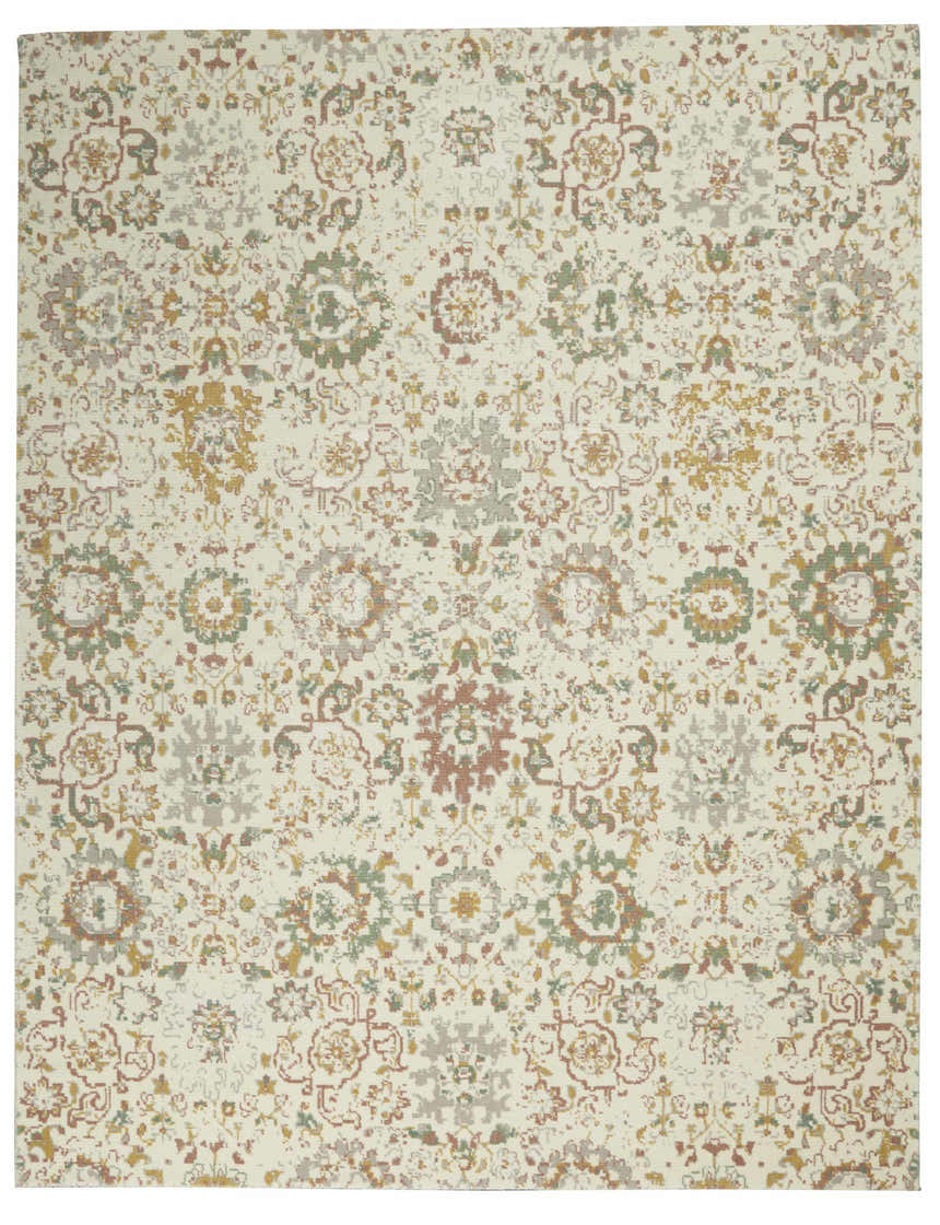 Close-up of Nourison Twilight Ivory Multicolor rug. Transitional style with chestnut, green, and gold floral pattern on a cream background.