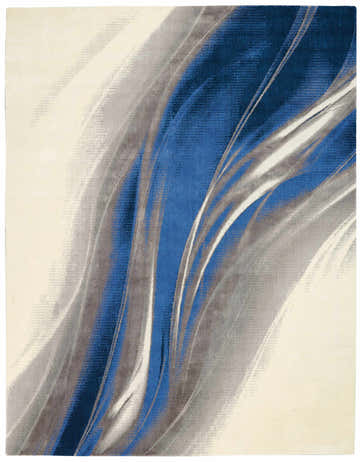 Abstract Nourison Twilight Ivory Grey Blue Rug. Modern design with blue, gray, and ivory waves.