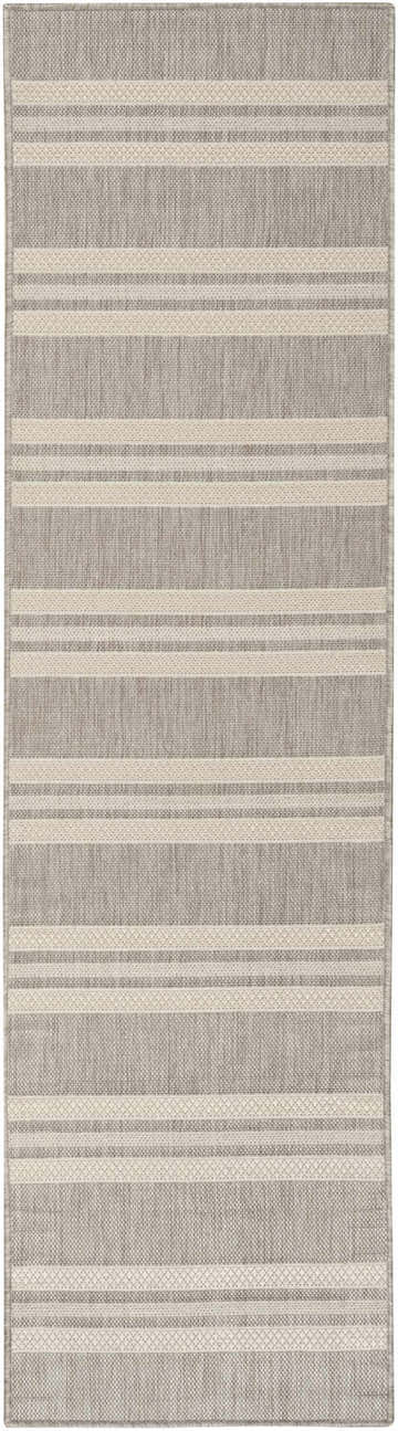 Close-up of the Nourison Horizon Indoor/Outdoor Grey Modern Area Rug with a striped pattern and woven texture.