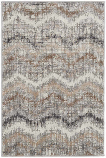 Close-up of the Nourison Elation Grey Ivory rug. High pile rug with mid-century modern design in chestnut, grey, and ivory.