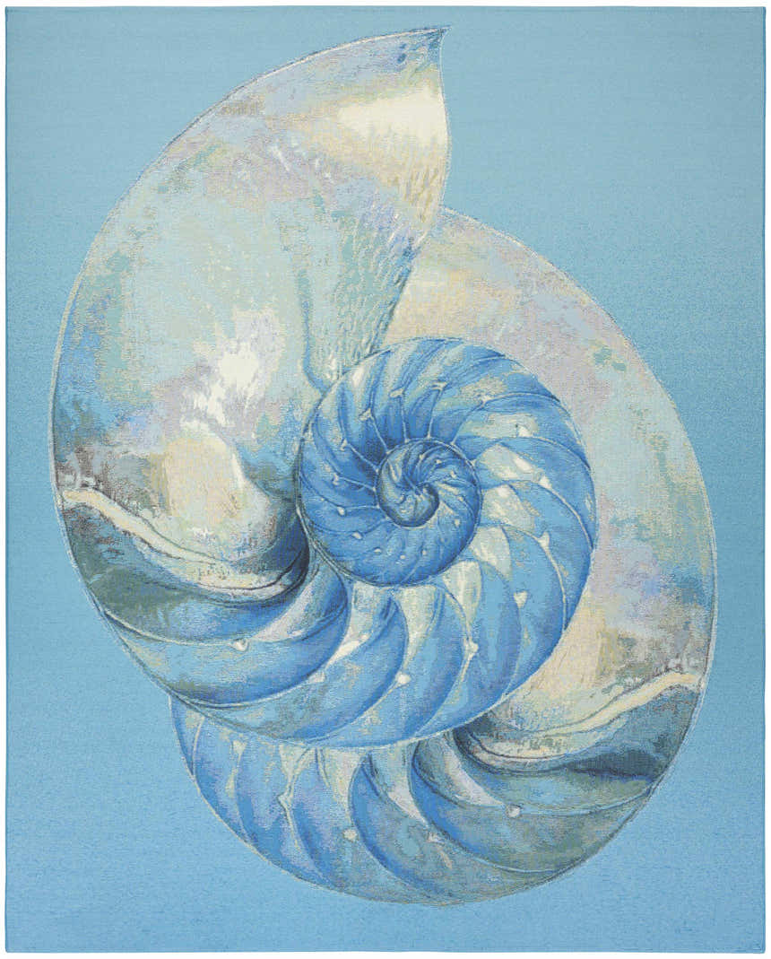 Close-up of Nourison Color Splash Blue Ivory Area Rug featuring a detailed nautilus shell design. Coastal style.