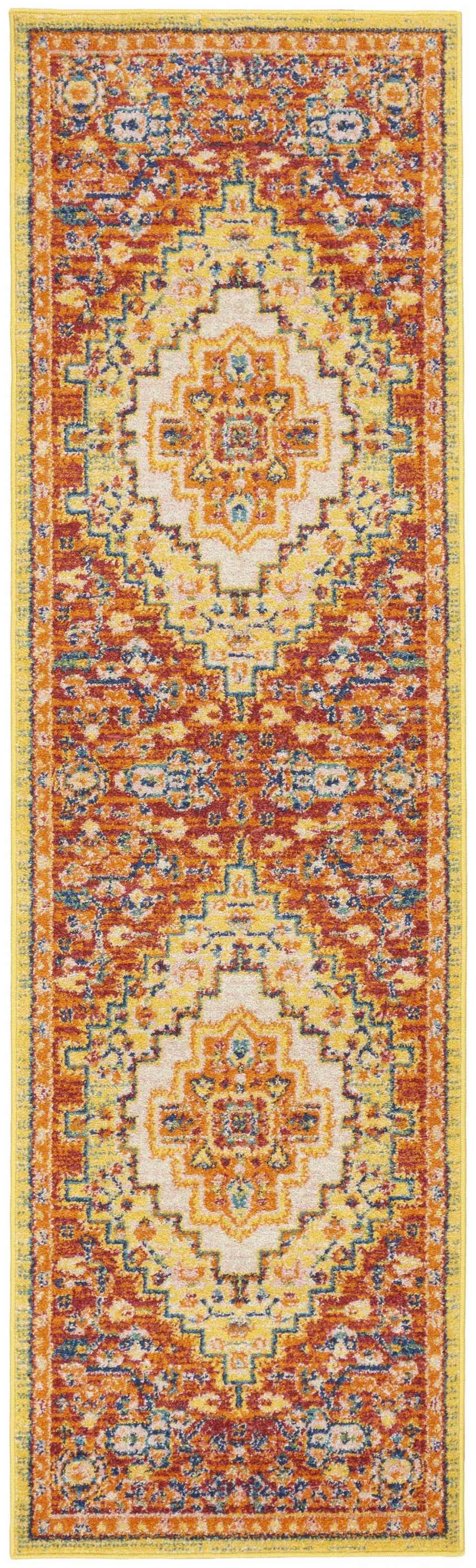 Close-up of Nourison Allur Red Multicolor Bohemian Area Rug, featuring a vibrant, geometric pattern in red, orange, yellow, and blue.