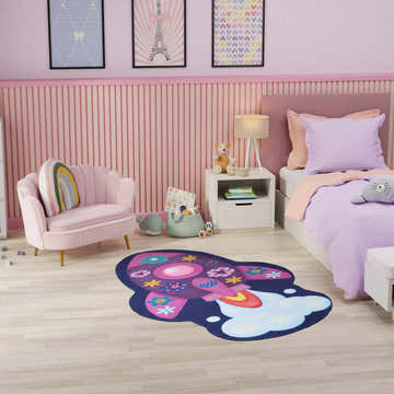 Kids bedroom with pink walls and Nourison Imagination Multicolor Kids Area Rug featuring a rocket ship design.