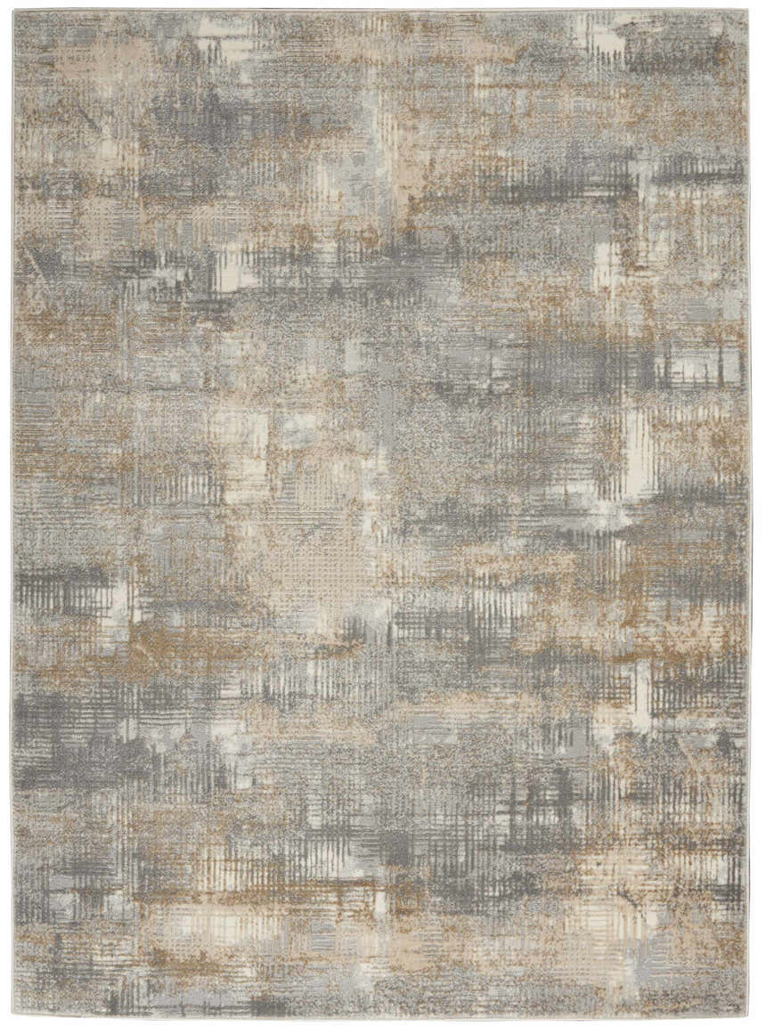 Close-up of Calvin Klein CK950 Rush Grey Beige rug. Modern design with gray, beige, and cream hues. High pile texture.