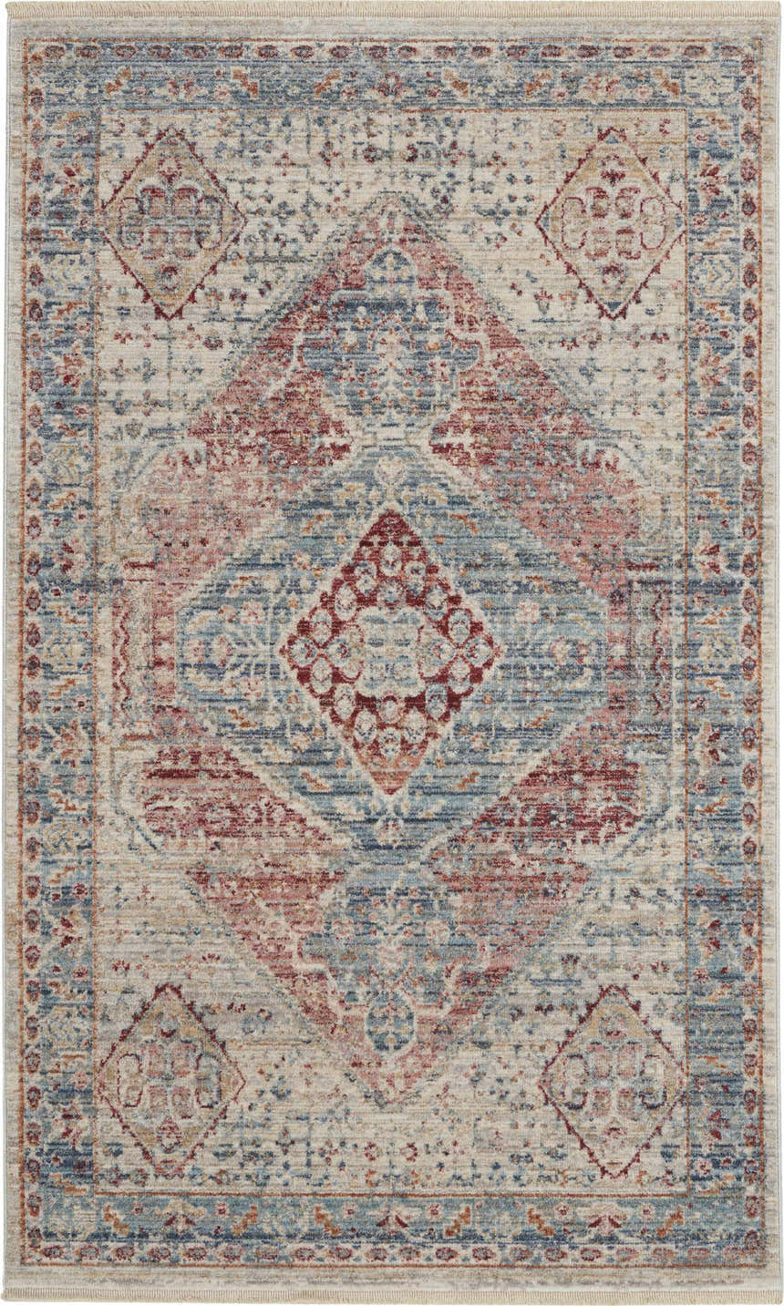 Nourison Homestead Blue Grey rug with diamond pattern. Farmhouse style area rug with blue, gray, and red tones.