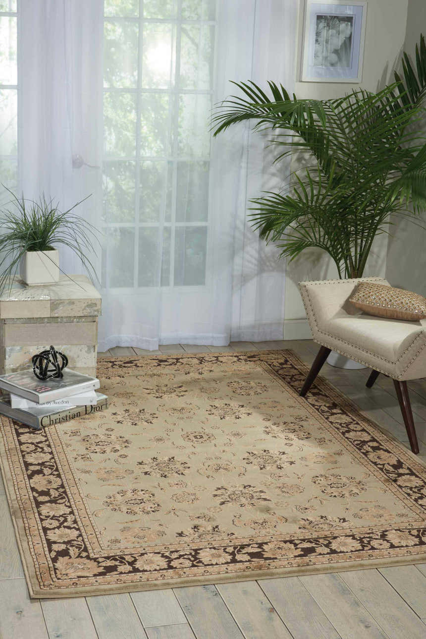 Sunlit room scene with a Nourison Ararat Green Persian rug, accent chair, and plants.