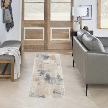 Entryway with gray bench, leather sofa, and Nourison Rustic Textures Beige Grey Modern Indoor Area Rug runner.