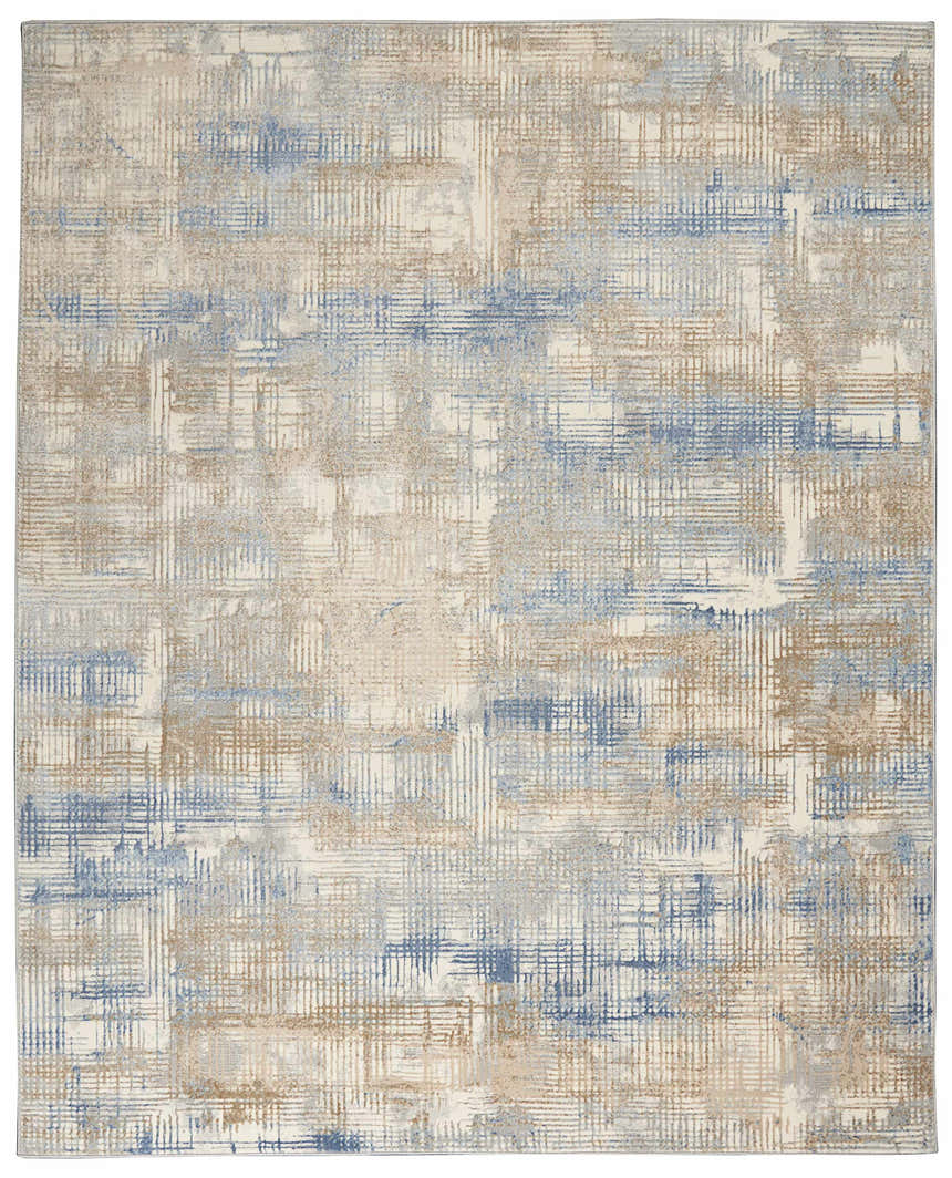 Close-up of Calvin Klein CK950 Rush Blue Beige rug with a modern abstract pattern and high pile texture.