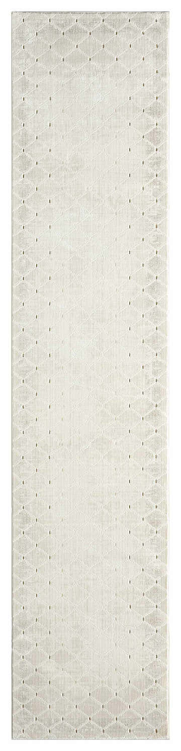 Close-up of the ivory DKNY Grand Street rug. Modern runner rug with a subtle diamond pattern and chestnut accents.