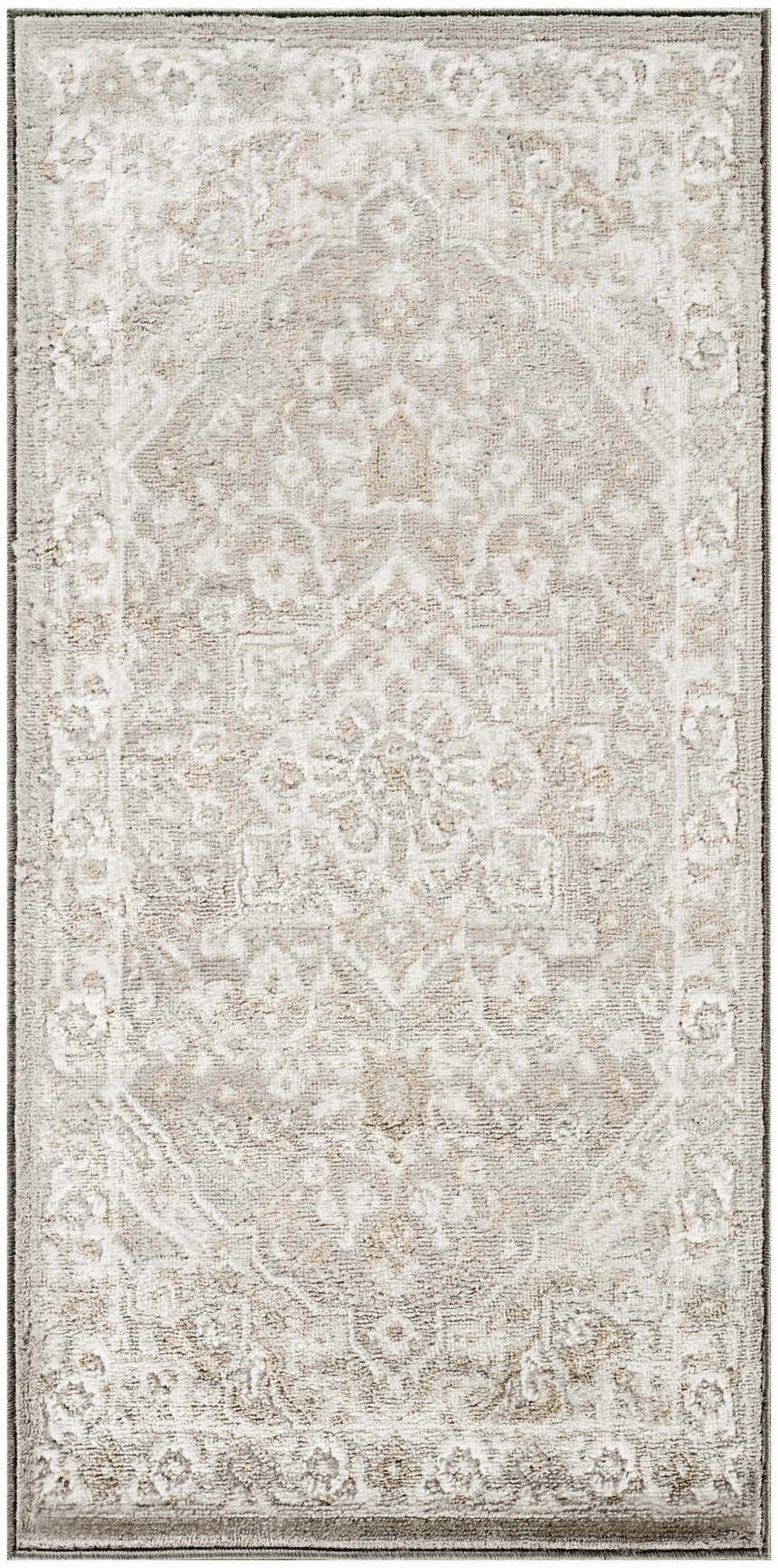 Close-up of the Nourison Dekor Light Grey Vintage Area Rug with a high pile and traditional floral pattern.