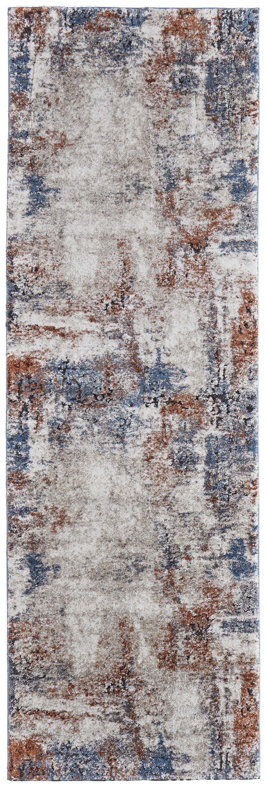 Close-up of the Feizy Gilmore Area Rug in Ivory, Blue, and Taupe with a distressed, abstract pattern. Design-Runner