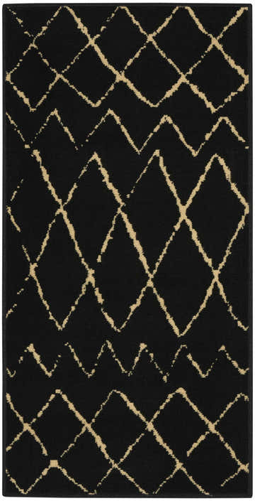 Close-up of Nourison Grafix Black Bohemian Area Rug. Features a geometric diamond pattern in beige against a black background.