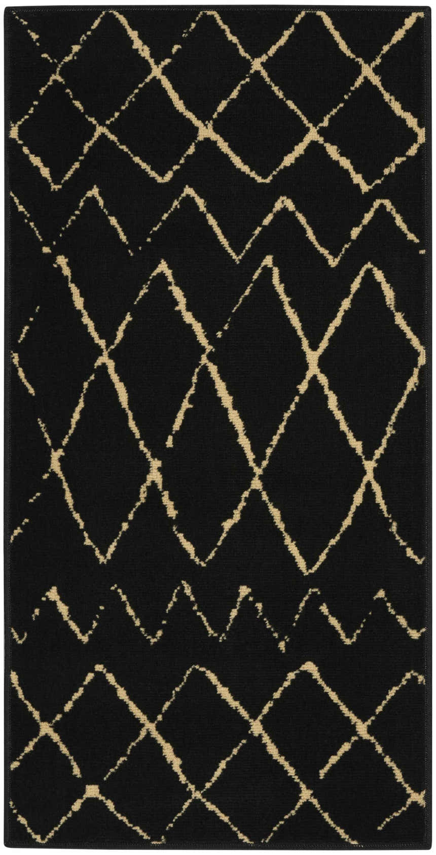 Close-up of Nourison Grafix Black Bohemian Area Rug. Features a geometric diamond pattern in beige against a black background.