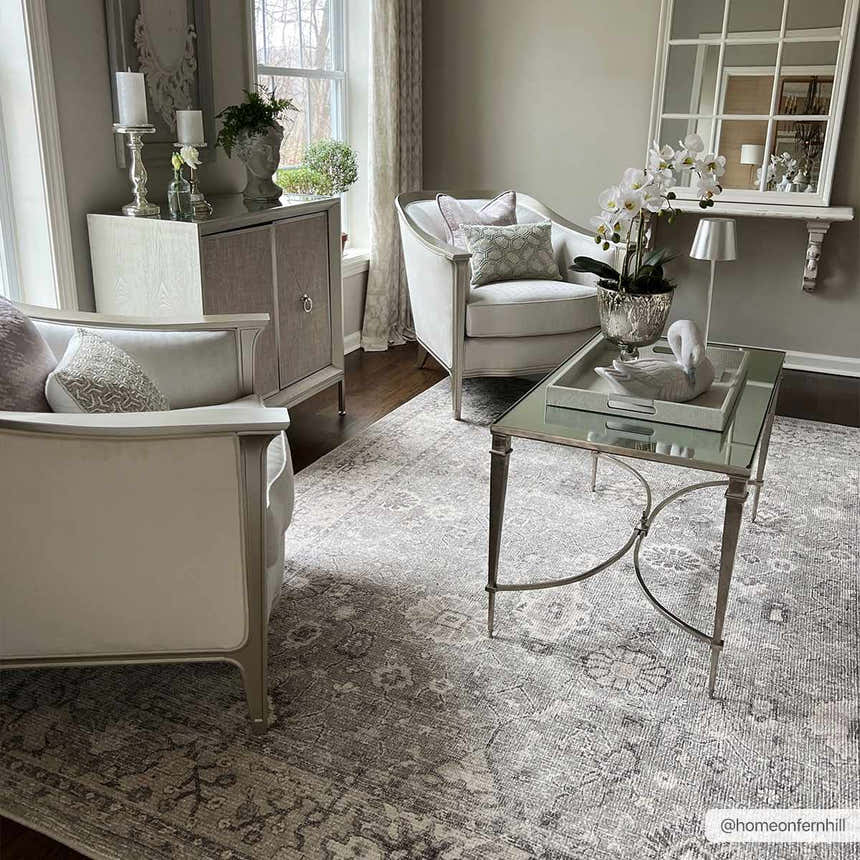 Living room scene with the Davina Becki Owens x LIVABLISS rug, featuring gray chairs, mirrored table, and neutral decor. Roomscene-Rectangle