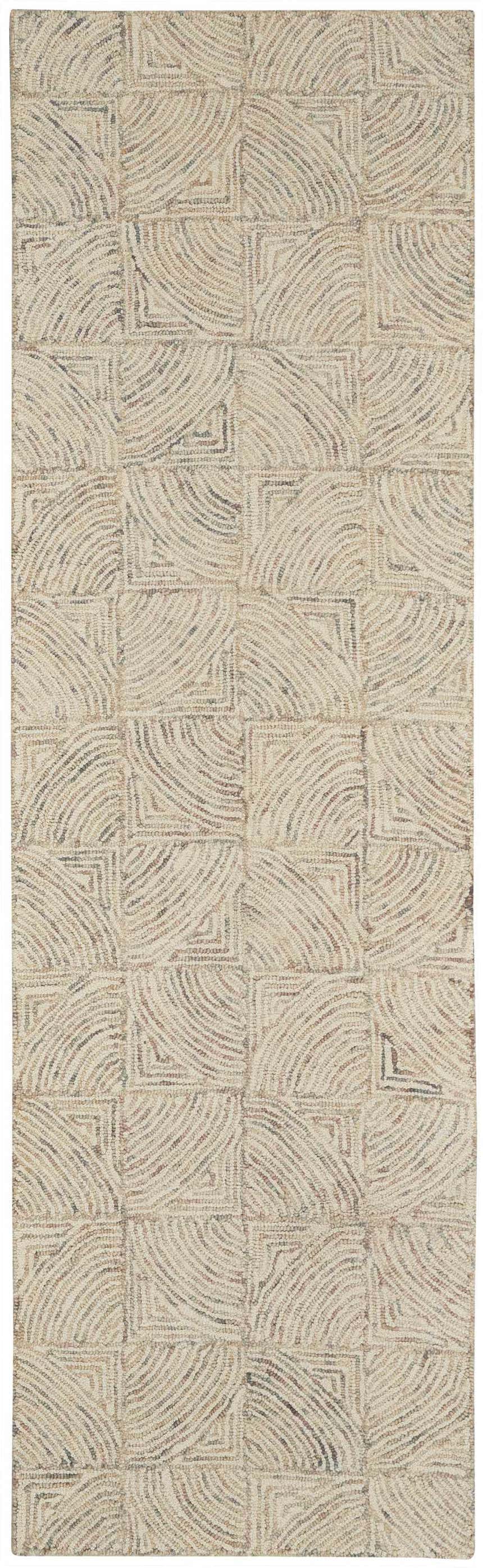 Close-up of the Nourison Interlock Ivory Multicolor rug; handmade New Zealand wool with a modern geometric pattern.