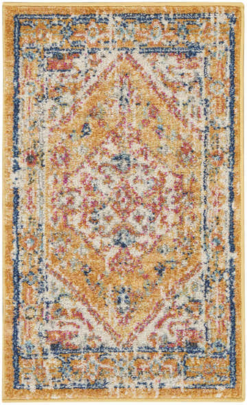 Close-up of Nourison Passion Ivory Yellow Bohemian Indoor Area Rug with chestnut, blue, and pink accents.