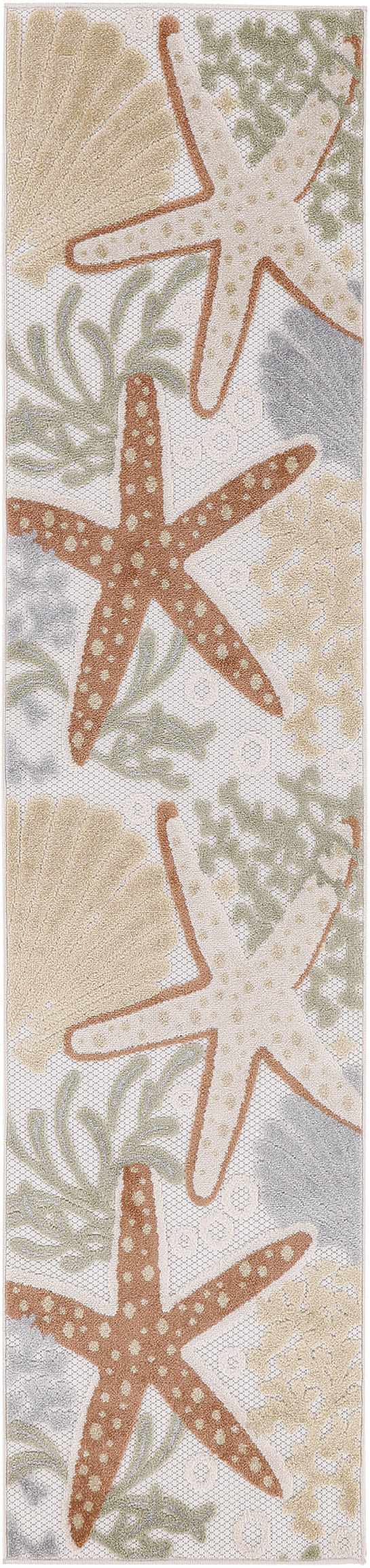 Close-up of the Nourison Aloha Ivory Multicolor Outdoor Area Rug featuring starfish, shells, and coral in chestnut and beige.