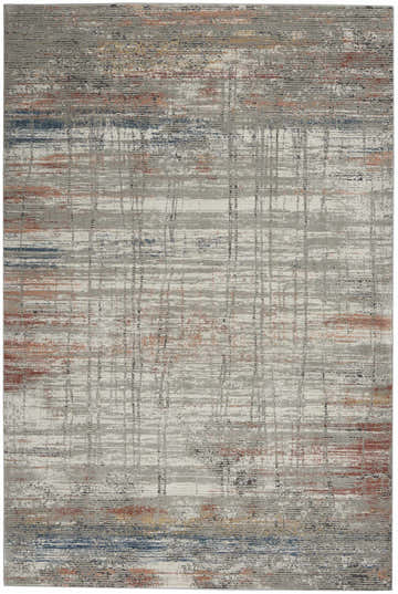 Close-up of Nourison Rustic Textures rug. Gray, blue, and rust horizontal stripes with vertical distressed lines. Mid-century modern style.