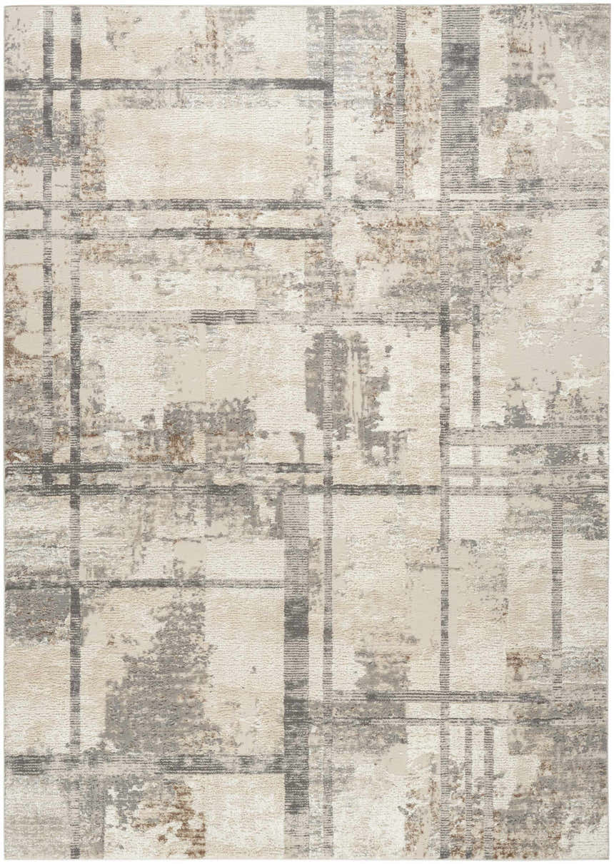 Close-up of Nourison Sustainable Trends Ivory Multicolor rug. Modern design with chestnut, gray, and ivory hues.