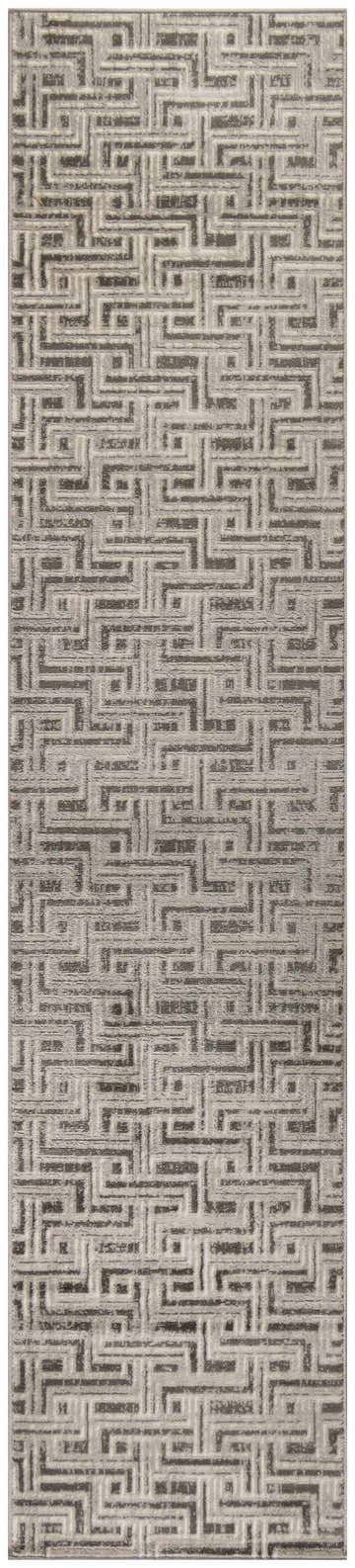 Close-up of the Nourison Serenity Home rug; grey and ivory high pile with a modern geometric pattern.