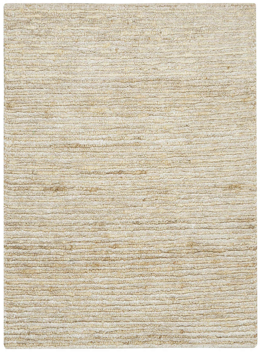 Close-up of the Calvin Klein Mesa Gypsum Rug. Shows the rug's textured, woven design and neutral gypsum color.