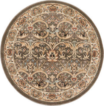 Close-up of the round Nourison Walden Grey Indoor Area Rug, featuring a floral medallion pattern in gray, beige, and blue.
