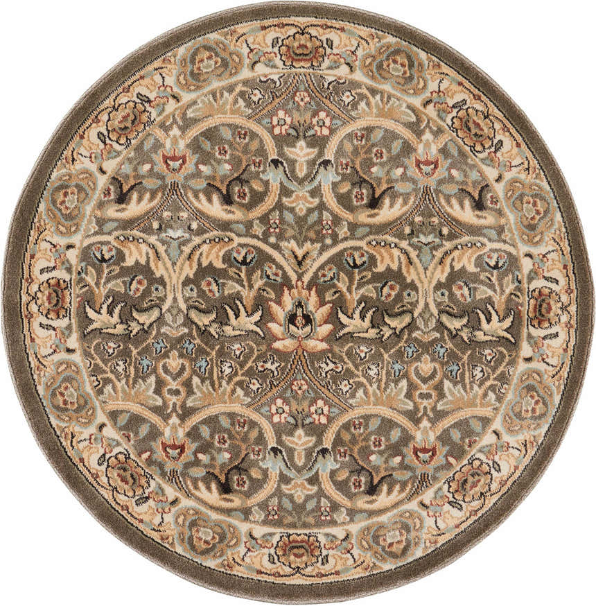 Close-up of the round Nourison Walden Grey Indoor Area Rug, featuring a floral medallion pattern in gray, beige, and blue.
