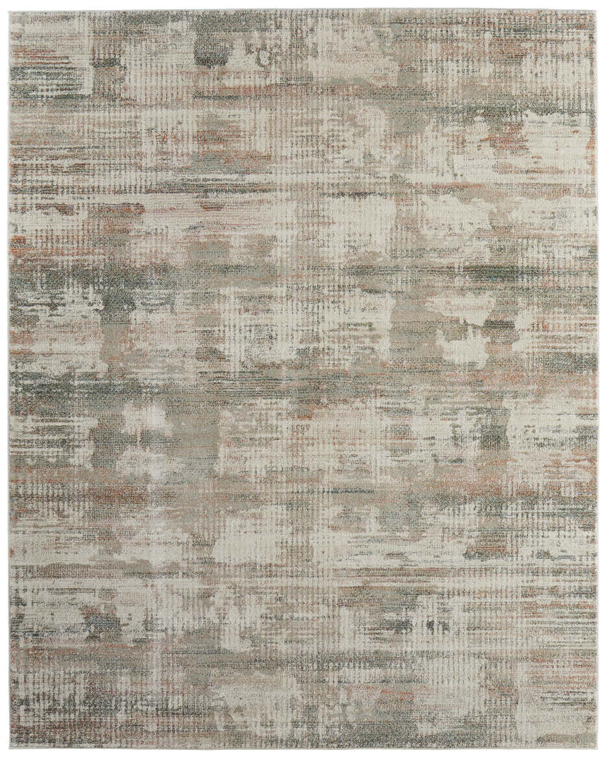 Close-up of the Feizy Eden Modern Abstract Area Rug in ivory, gray, and green with a contemporary, distressed pattern. Design-Rectangle