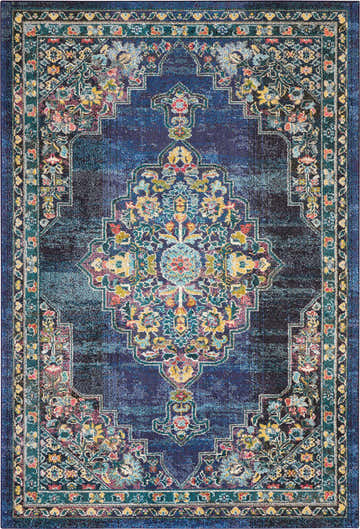 Detailed Nourison Passionate Navy Bohemian rug showing floral medallion and border pattern. Rectangle shape.