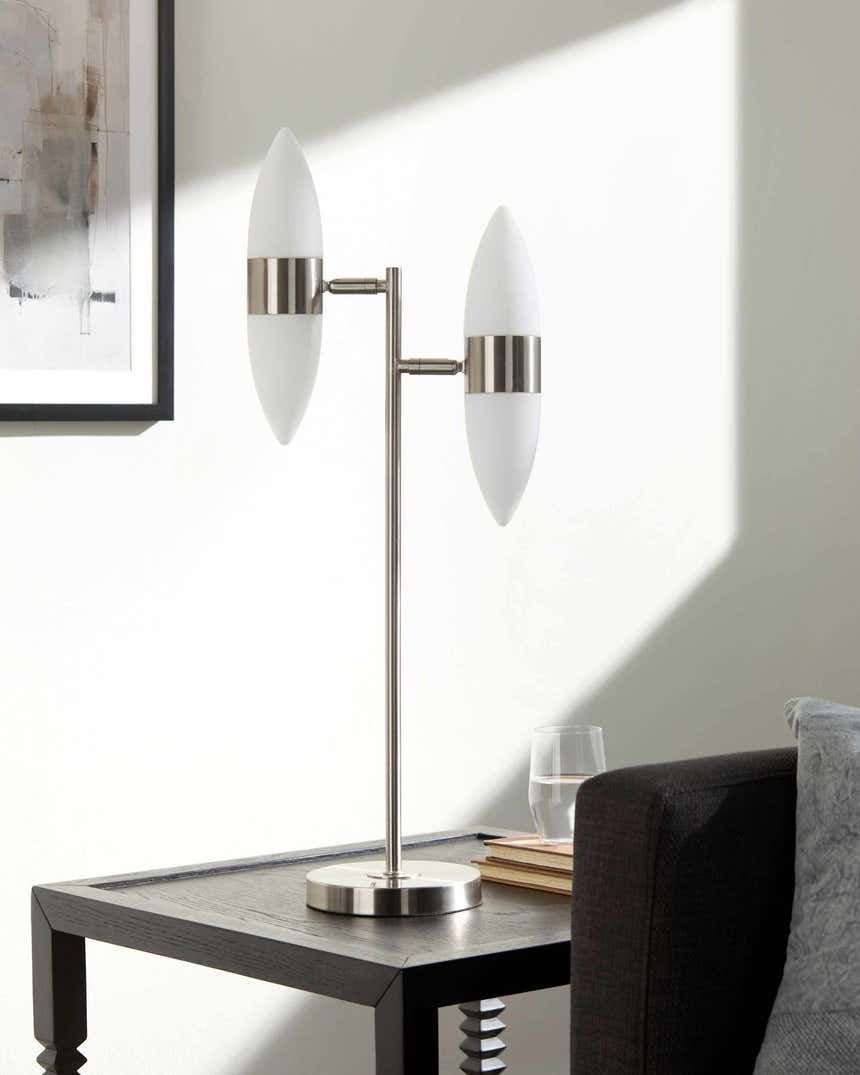 Metallic Nickel Modern Table Lamp with glass details for bedside or console tables