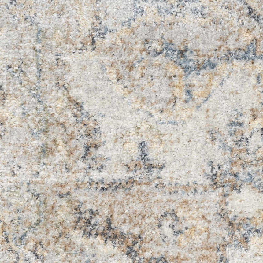 Close-up of the Nourison Astra Silver Grey rug, showing its vintage pattern, soft texture, and silver, gray, and beige tones.