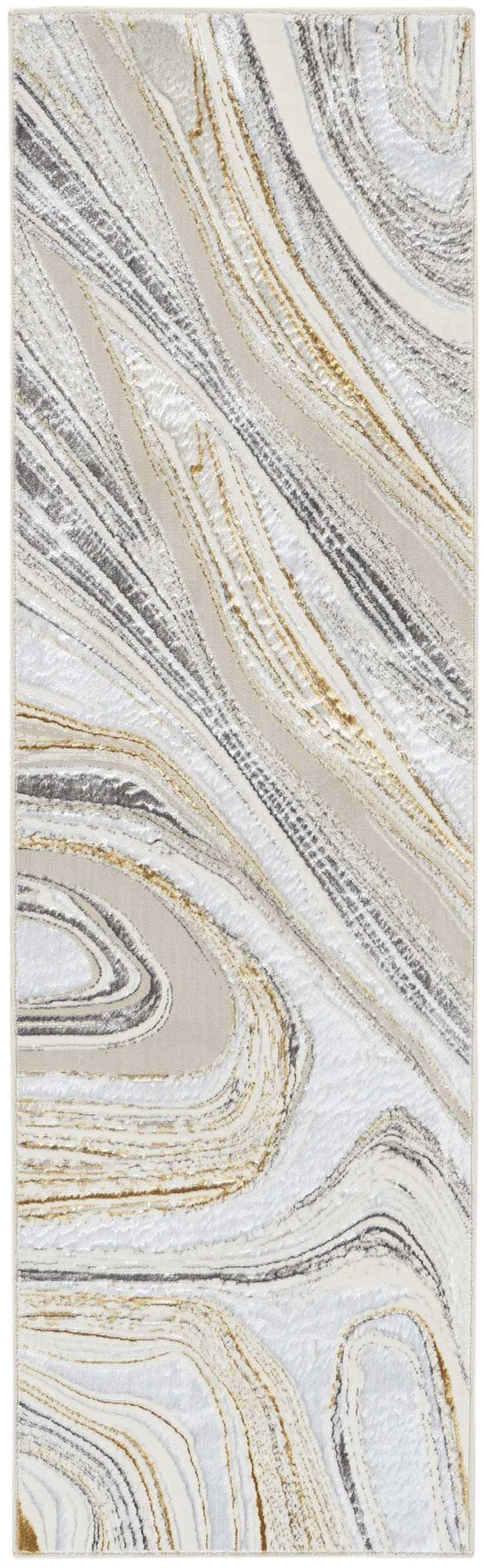Close-up of Nourison Glitz Grey Gold rug. Modern design with gray, gold, and cream swirling pattern.