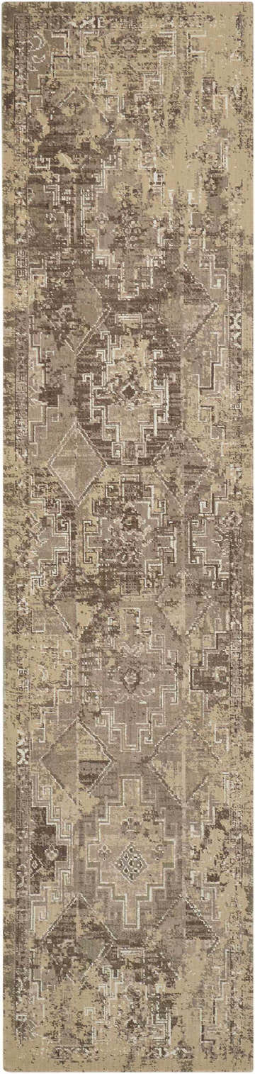 Close-up of Nourison Silk Elements Mushroom Persian rug. Runner with distressed geometric pattern in beige and brown tones.