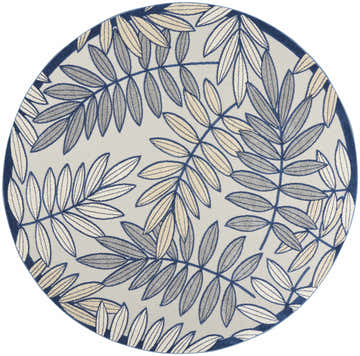 Round Nourison Aloha Ivory Navy Tropical Area Rug featuring a botanical leaf pattern in navy, gray, and cream.