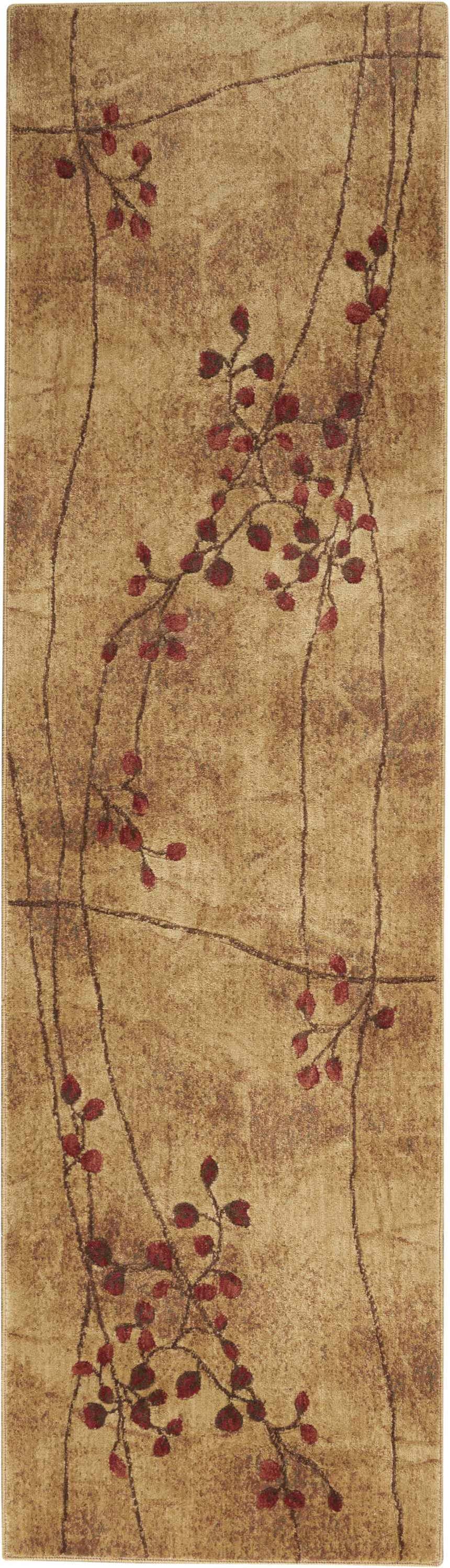 Close-up of Nourison Somerset Latte Rustic rug. Latte background with red leaf and branch pattern. Southwestern style.