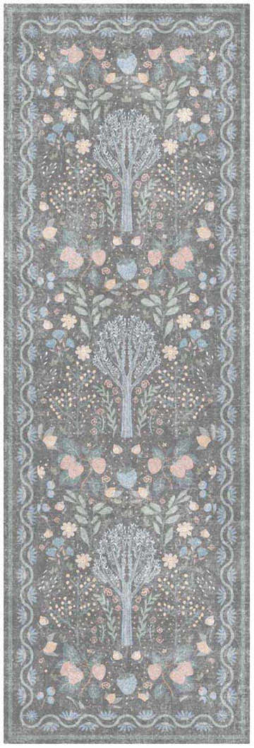 Close-up of Nourison Botanical Charcoal Multicolor Rug. Features trees, flowers, and leaves on a charcoal background.