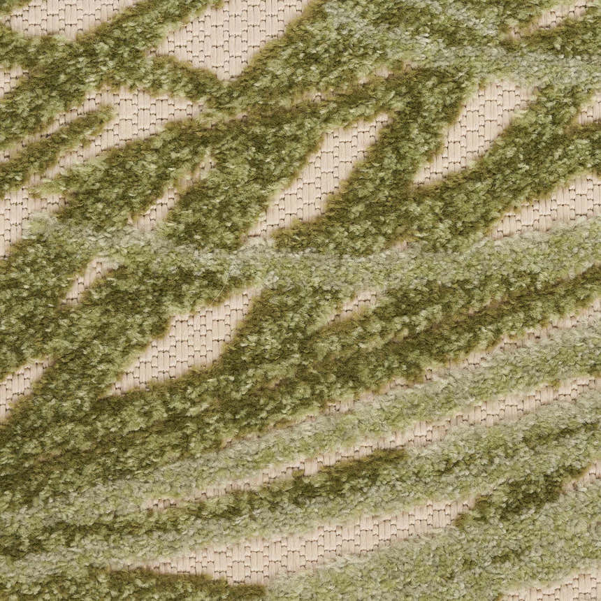 Close-up of Nourison Aloha Ivory Green Outdoor Area Rug. Chestnut, green abstract pattern, machine-made texture.