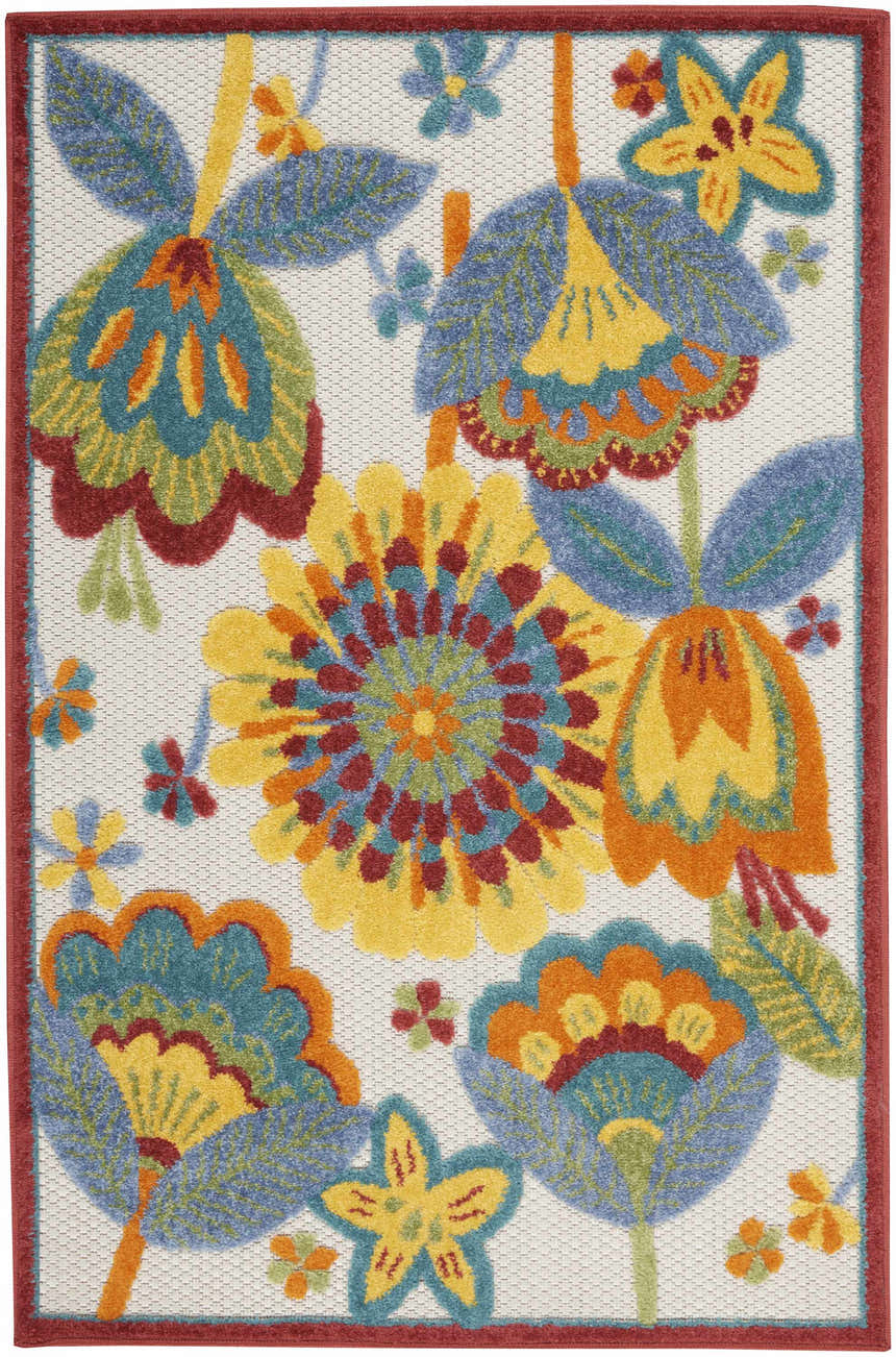 Close-up of the Nourison Aloha Multicolor Contemporary Area Rug. Features a bold floral pattern with blue, yellow, and red hues.