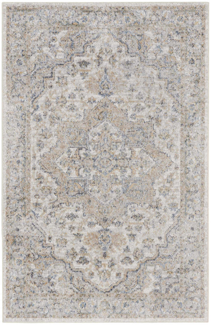 Close-up of the Nourison Astra Silver Grey rug. Vintage design with silver, gray, blue, and tan tones. Machine-made texture.