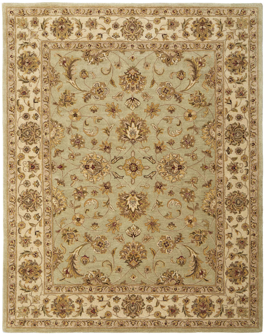 Close-up of Feizy Wagner Traditional Oriental rug. Hand-tufted wool rug in tan, brown, and green floral pattern. Design-Rectangle