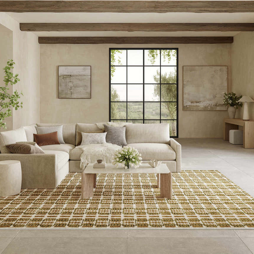 Living room with a beige sectional and Nourison Nordic Multicolor Area Rug.