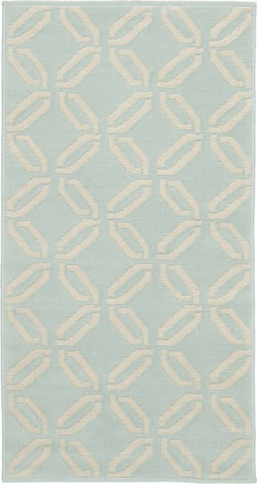 Close-up of Nourison Jubilant Green rug. Coastal style with a geometric, cream-colored chain-link pattern on a light green background.