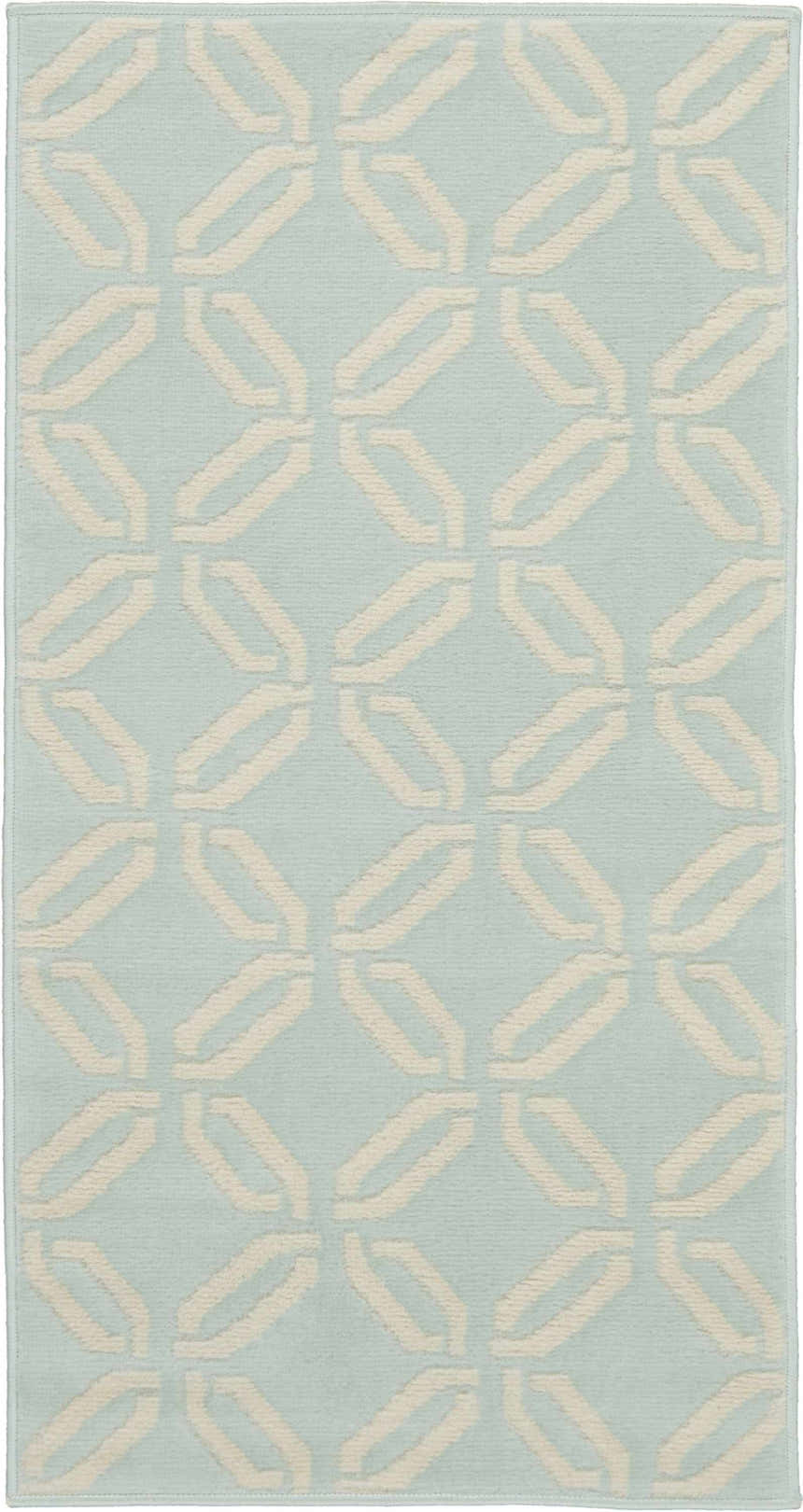 Close-up of Nourison Jubilant Green rug. Coastal style with a geometric, cream-colored chain-link pattern on a light green background.