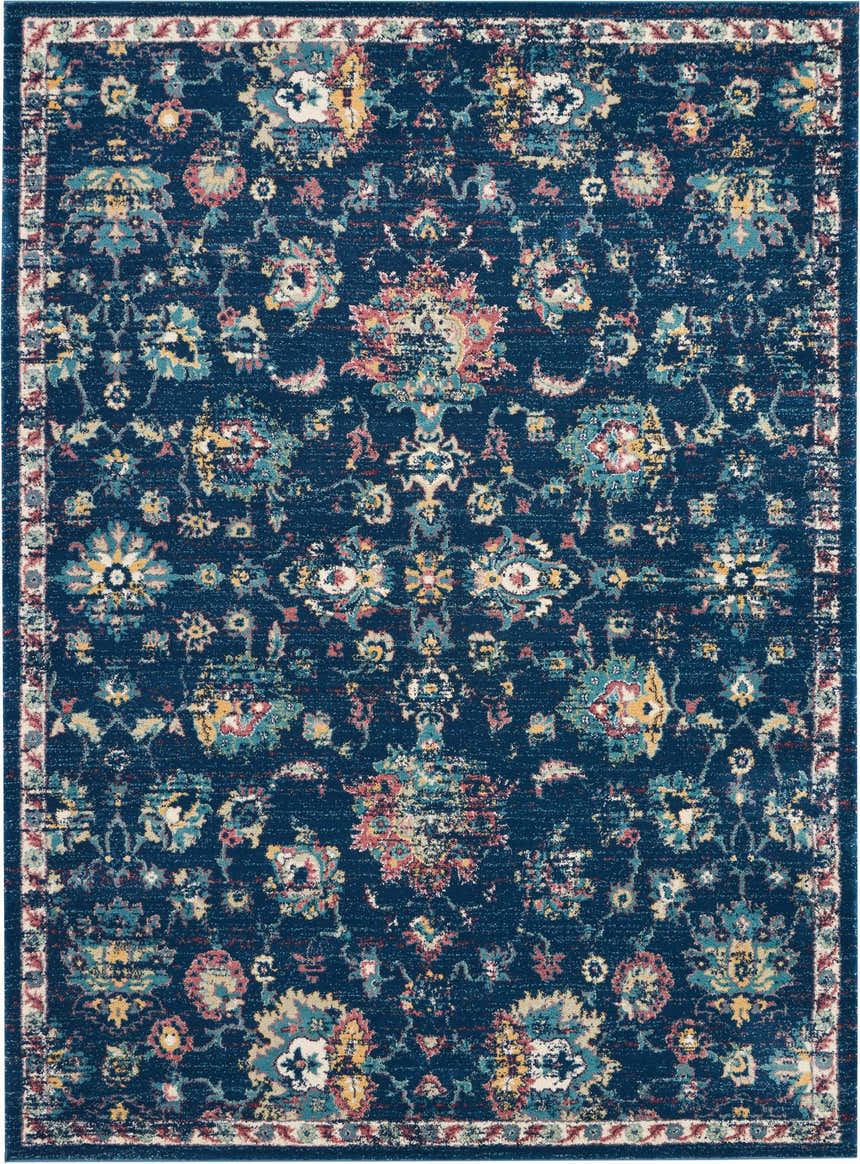 Close-up of Nourison Fusion Navy Pink Persian Indoor Area Rug featuring floral pattern and distressed texture.