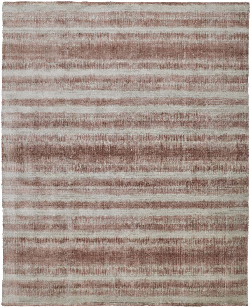 Close-up of Feizy Mackay rug. Tan, ivory, and pink stripes create a casual, transitional pattern. Hand-woven wool and viscose texture. Design-Rectangle